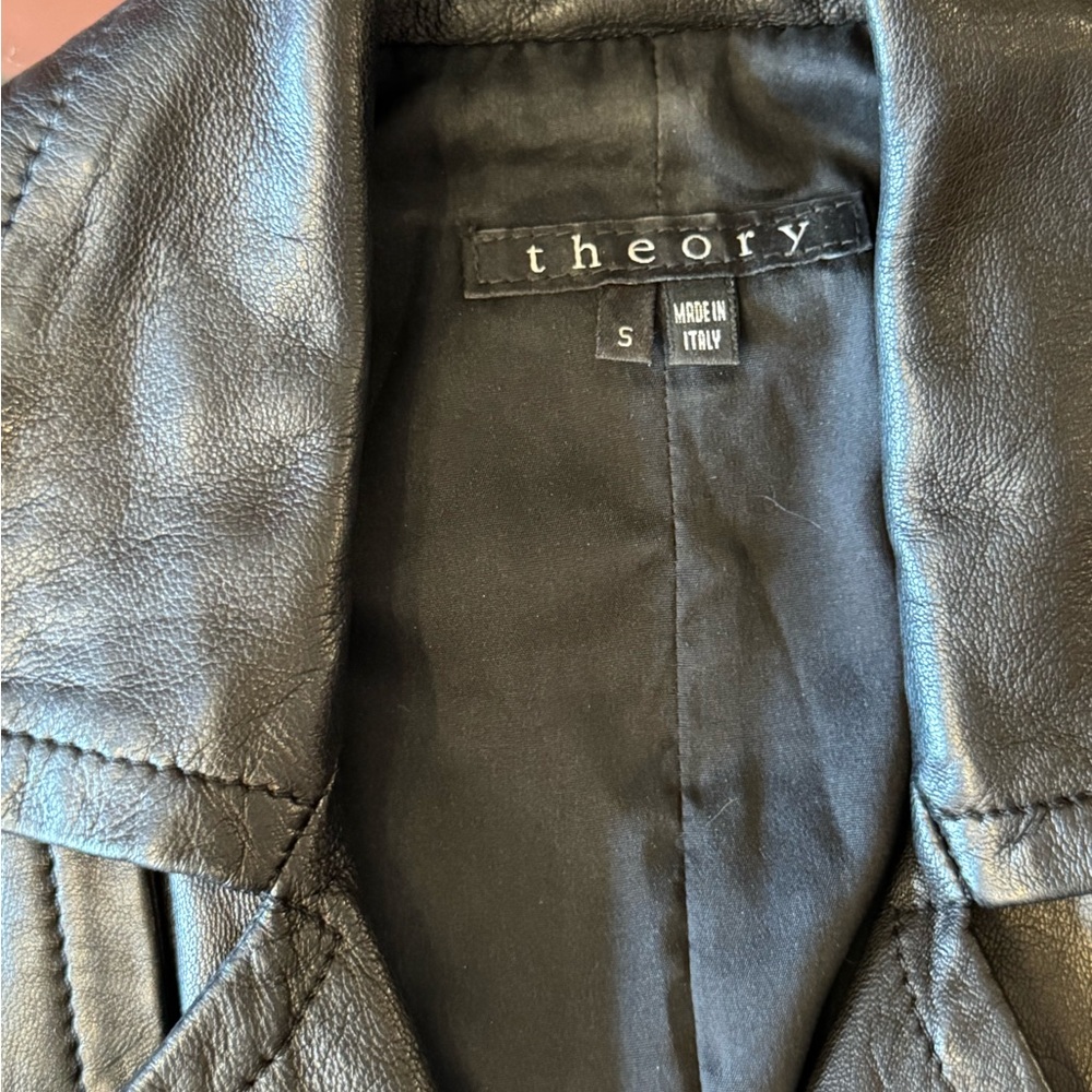 THEORY - Black Leather midi Trench Coat - Picture 3 of 3